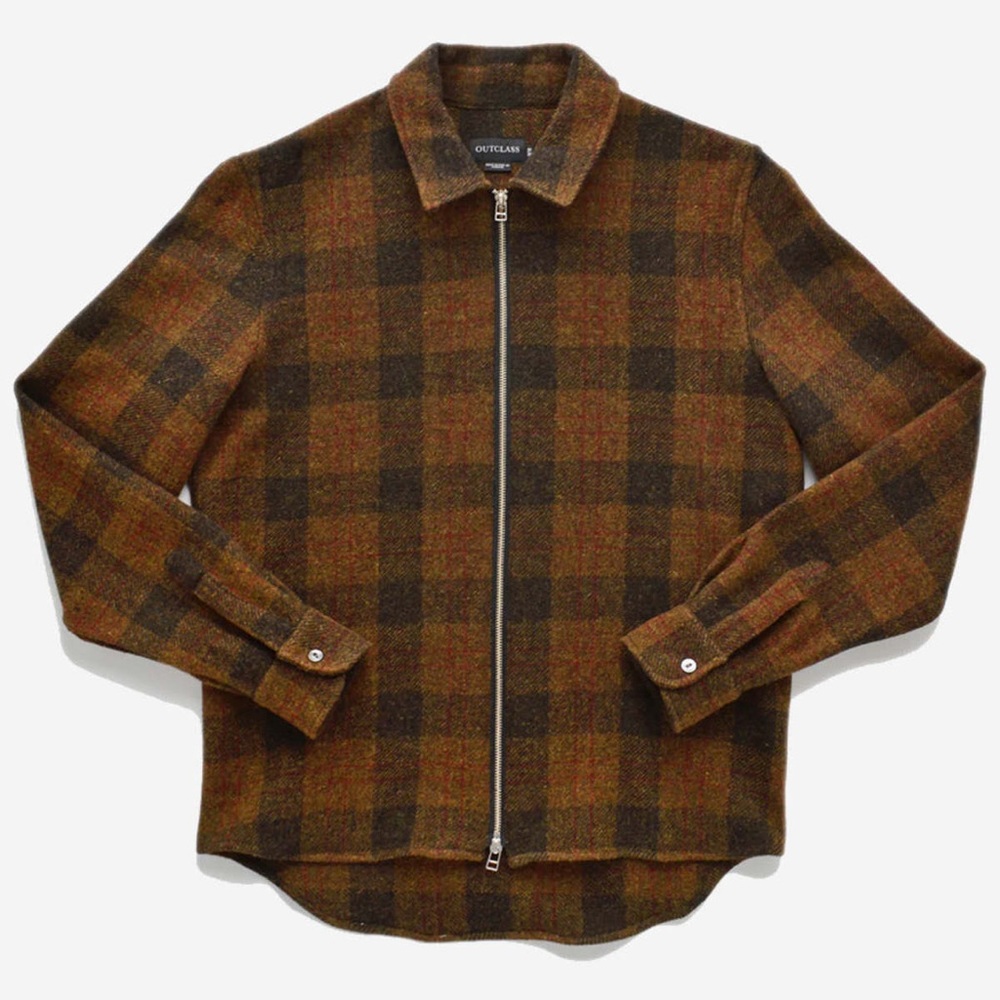 Outclass Brown Plaid Wool Zip Overshirt